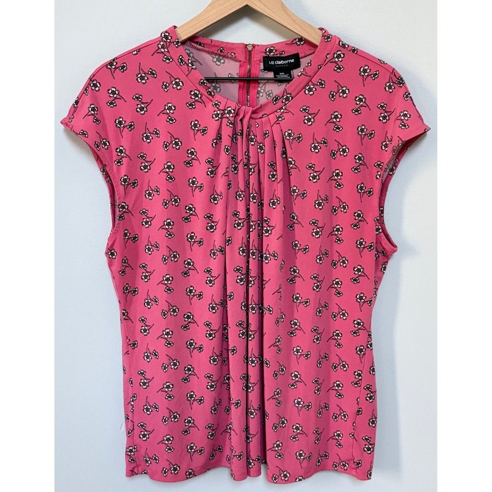 Liz Claiborne Career Pink Floral Pleated Short Sleeve Back Zip Blouse Top XXL